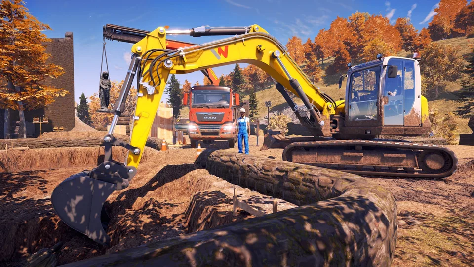 A yellow Wacker Neuson excavator digging a trench while a crane lifts a statue nearby in Construction Simulator