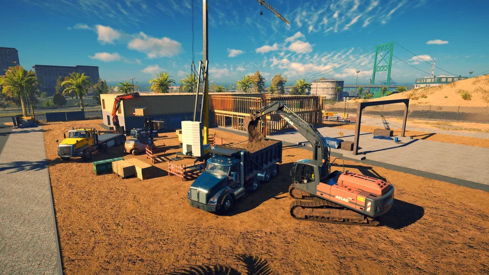 A sunny harbor construction site where an ATLAS excavator loads a dump truck beside a timber building frame in Construction Simulator