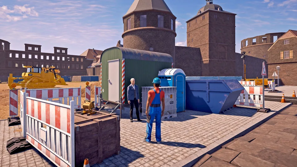 A CAT dozer parked behind barriers at the Friedenberg castle construction site in Construction Simulator