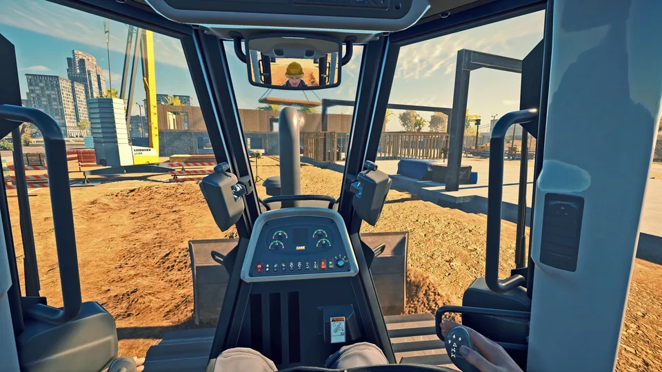 First-person view from the cab of a CAT dozer with control panels and joysticks in Construction Simulator