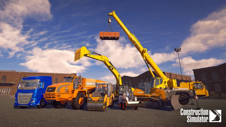 Official Construction Simulator key art: licensed excavators, a crawler crane, dump trucks, a roller and a skid-steer lined up at a job site