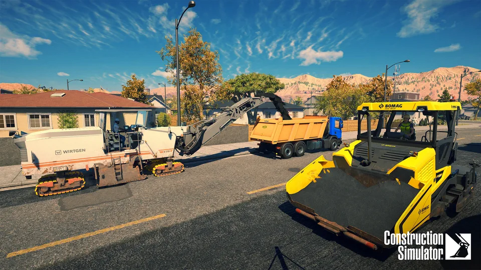A WIRTGEN milling machine loads a dump truck while a BOMAG paver lays asphalt on a suburban street in Construction Simulator